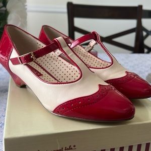Gently used red cream strap shoes